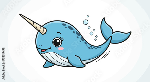 Cartoon narwhal with a horn and bubbles swimming in the water on a white background