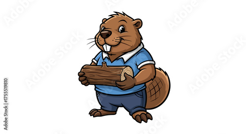Cartoon beaver holding a log wearing a blue shirt and pants on a white background illustration