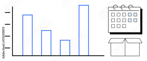Bar graph showing trends, calendar for scheduling and planning, open box for logistics. Ideal for planning, analysis, forecasting, logistics, productivity business growth organization. Simple flat