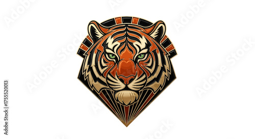 A stylized tiger head emblem with orange and black stripes on a white isolated background