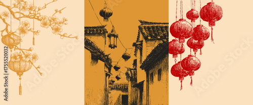 Pencil draw Chinese street with hanging lanterns, blooming branches, oriental architecture. Vector detailed vintage line art.