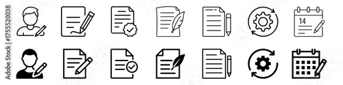 Set of document, writing, and calendar icons, paperwork, note-taking, scheduling, and process management symbols, outline and filled vector styles