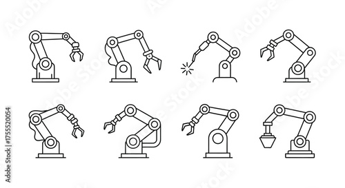 Set of eight industrial robotic arms in various poses for automation and manufacturing concepts vector