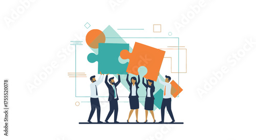 Teamwork Unites Diverse Individuals Assembling Puzzle Pieces for Unified Success