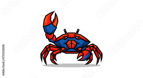 A cartoon crab with red legs and claws and a blue shell raising one claw on a white background