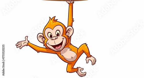 A cartoon monkey hanging from a branch with a happy expression and orange fur on a white background
