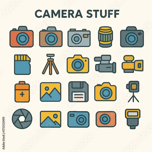 Camera components  accessories featured with labeled camera stuff. Suitable for photography blogs, articles, or websites about camera gear.