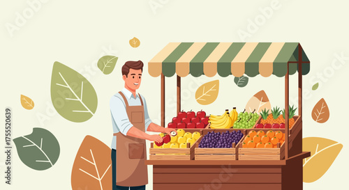 Vendor Selling Fresh Fruit At The Market Stand With Colorful And Delicious Produce