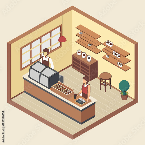 business people Isometric vector illustration of coffee shop interior, barista preparing coffee, cozy cafe style.