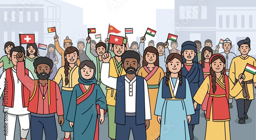 Diverse group of people from different cultures holding flags in a harmonious gathering