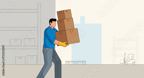 Warehouse Employee Carefully Carrying Boxes, Illustrating Logistics and Delivery Processes