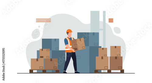 Warehouse Worker Carrying Parcel Box, Illustrating Logistics and Delivery Solutions