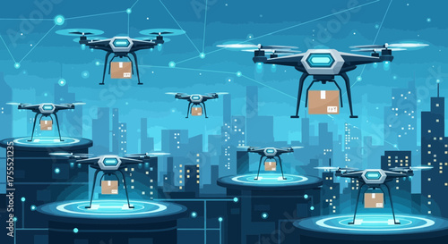 Futuristic city with drones delivering packages a vision of smart technology for tomorrow