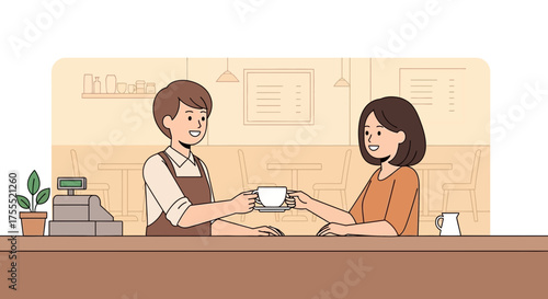 Friendly barista offering a cup of coffee to a customer in a cozy coffee shop setting, promoting