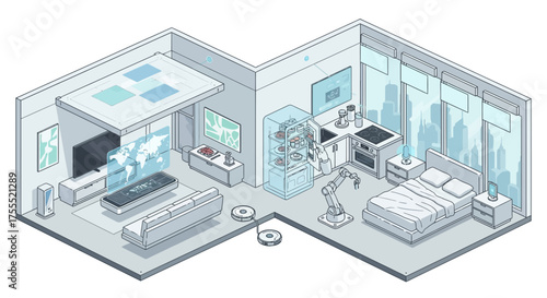 Futuristic smart home interior design with advanced technology and automation features showcasing
