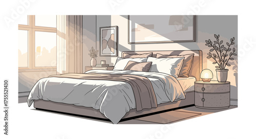Illustration of a cozy bedroom bathed in sunlight creating a serene ambiance