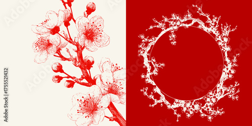 Minimal line art of plum blossom branch and circular floral frame in red and white tones. Pencil vector sketchy Asian spring aesthetics.
