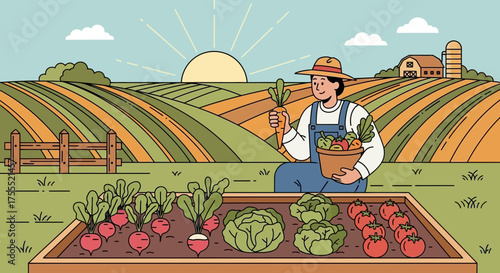 Illustration of a happy farmer harvesting vegetables in a farm with a rural landscape