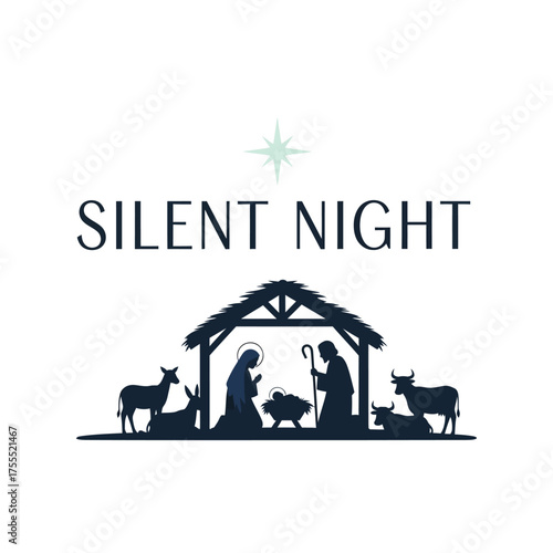 Nativity Scene Silhouette with Silent Night Text and Star.