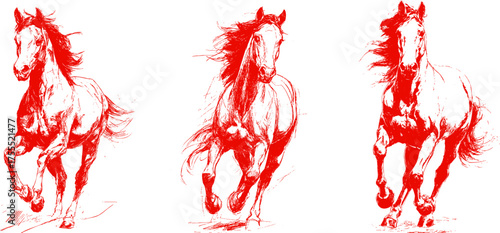 Running horses drawn by hand in oriental line pencil sketchy style, detailed red illustrations for cultural posters, prints, editorial design.