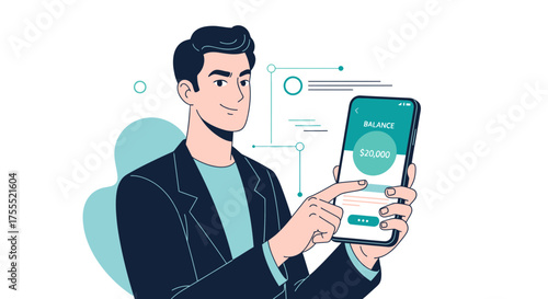 Successful Man Monitoring Finances On Smartphone Displaying Financial Success And Balance