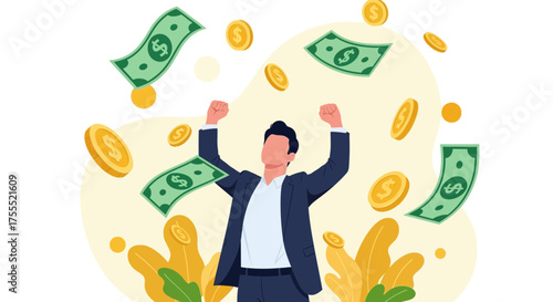 Successful Professional Celebrates Financial Triumph With Cascading Currency Shower