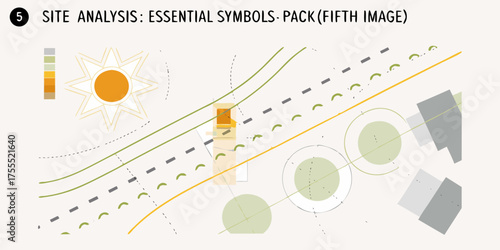 Architectural site analysis diagram showing sun path roads buildings and green spaces