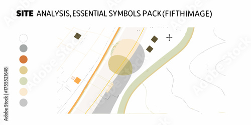 Architectural site analysis graphic with abstract symbols and color swatches for design planning