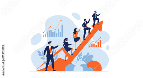 Teamwork Ascending Upward on Business Growth Arrow Chart to Reach Success Together