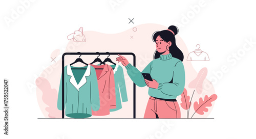 Woman Browsing Clothing Online With Smartphone and Choosing Apparel for Purchase