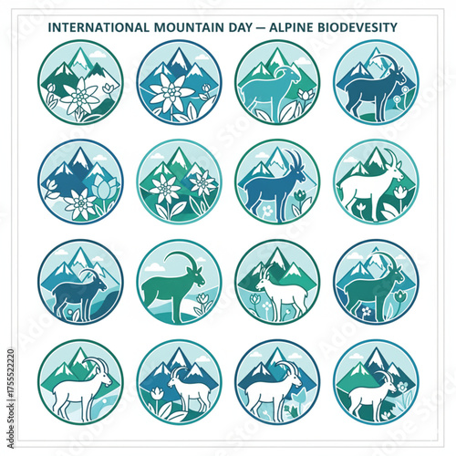 Alpine Biodiversity Icons: 12 Abstract Vector Designs for International Mountain Day