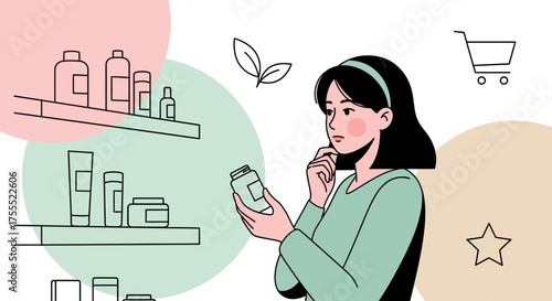 Woman Contemplating Skincare Product, Healthcare Choices, Beauty Purchase Decision