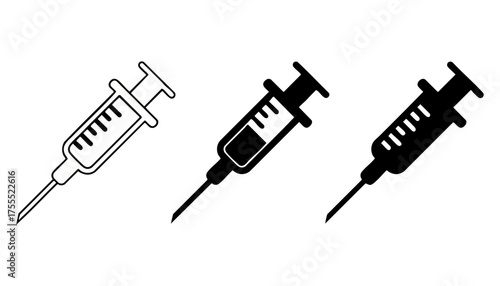 medical syringe icons set: vaccine, injection, and drug delivery symbols in outline and black filled styles