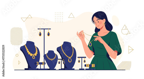 Woman Examining Gold Jewelry Display, Stylish Elegance Showcasing Beautiful Accessories Design