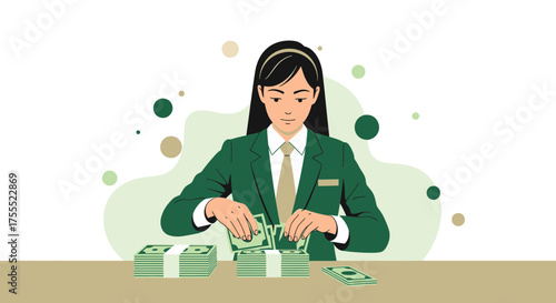 Woman In Formal Attire Carefully Arranging Money, Illustrating Financial Matters and Wealth