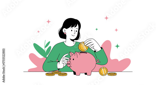 Woman Investing Money Into A Piggy Bank Financial Savings And Planning Lifestyle