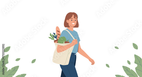 Woman Going Home After Shopping With Healthy Food in Eco Shopping Bag Purchase