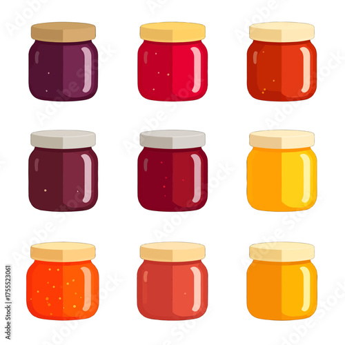 Collection of Colorful Jars with Various Jams on White Background