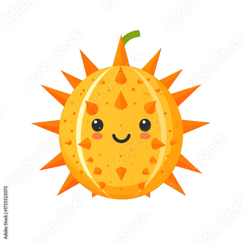 Smiling Orange Spiky Fruit with a Green Stem and Cute Eyes in Pixel Art Style on White Background