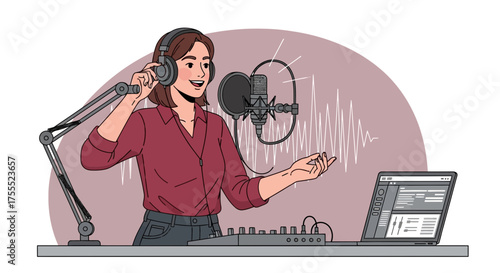 Woman Recording Podcast Episode Using Professional Microphone And Sound Equipment Successfully