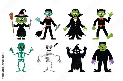 Collection of spooky halloween characters fun cartoon style icons for festive decorations