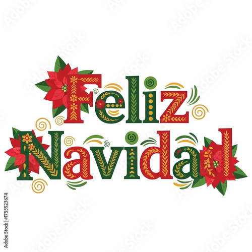 Feliz Navidad Christmas greeting with festive poinsettia flowers and decorative typography.