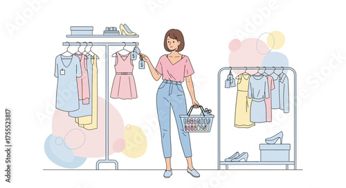 Woman Shopping In Clothing Store, Selecting Dress, Holding Basket, Lifestyle Concept And Purchase
