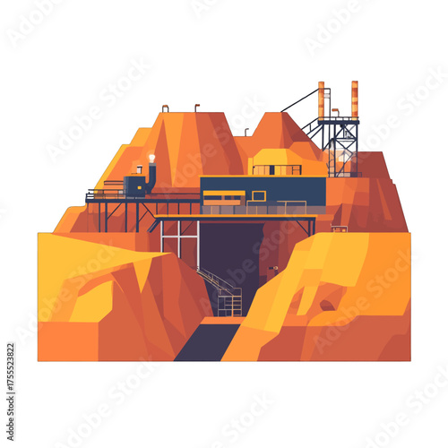Stylized Orange Mine Landscape with Dark Blue Structures and Industrial Chimneys Against White Background in Flat Pixelated Style