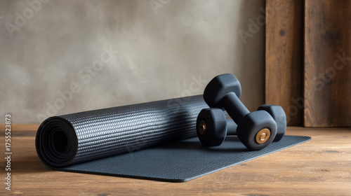 Fitness equipment (yoga mat and dumbbells) on wooden floor, minimalist home gym scene. Generative AI image
