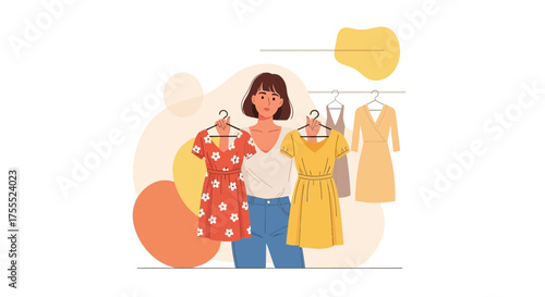 Woman Staring At Dresses, Trying to Choose the Perfect Outfit in Her Wardrobe