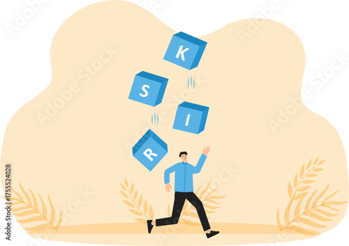 Risk averse and avoid or minimize risk, run away from uncertainty, fear or safety decision for investment, prefer security or stability concept, businessman investor run away from risk collapsing box.