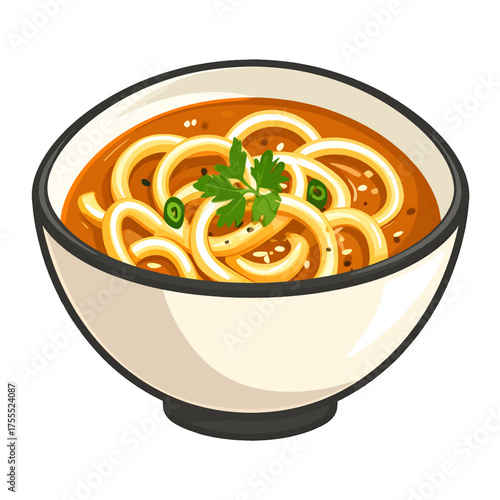 Pixel Art Style Bowl of Udon Noodles with Broth and Garnishes in White Bowl