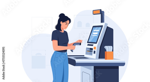 Woman Utilizes Modern Automated Scanner System to Process a Retail Transaction Efficiently