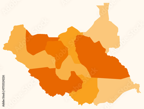 Map of South Sudan with regions. Just a simple country border map with region division. Orange color palette. Blank South Sudan shape with administrative division. Vector illustration.